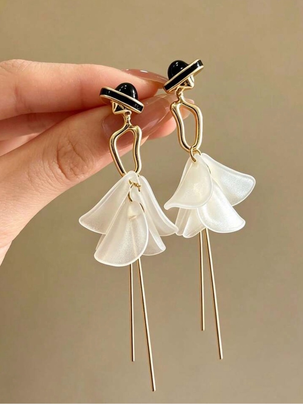 Elegant White Petal Drop Earrings with Gold Accents